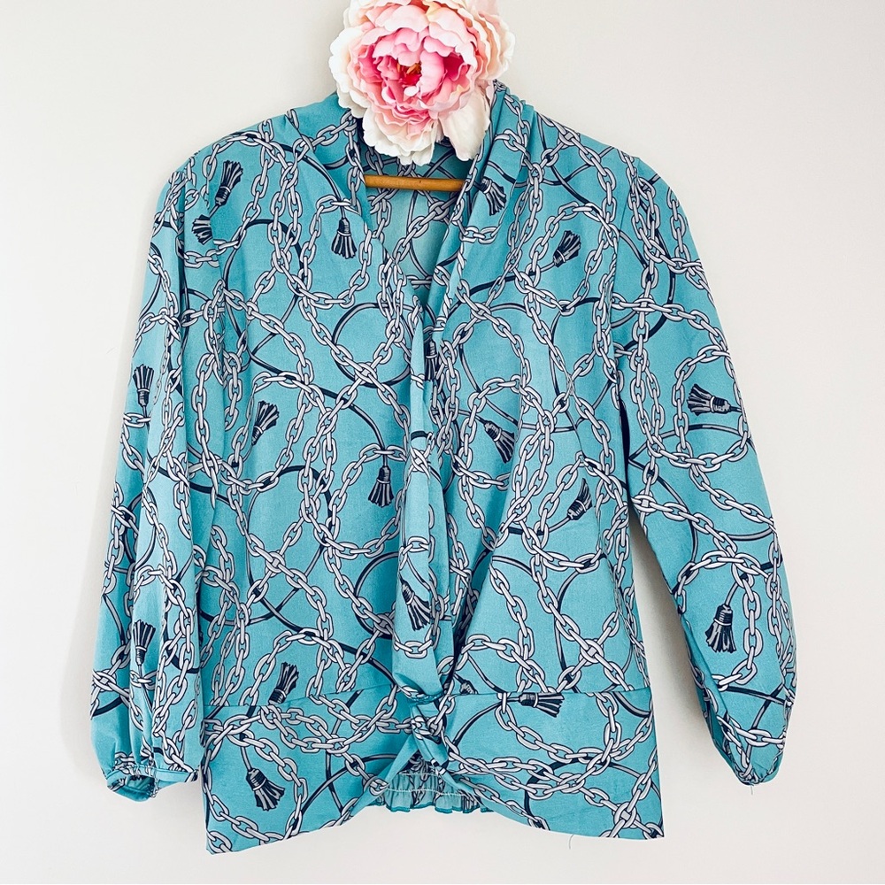 Ivory Light Blue Chain Print Blouse Small